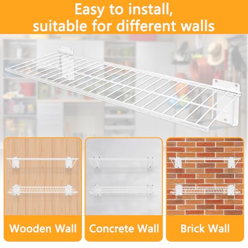 BELLO YON Wall Shelf 24'' x 11'' Garage Wall Mounted Storage Shelves, Heavy Duty Metal Wire Shelving Storage Rack for Garage, Office, Basement and Kithcen, Max Load 90lb, 2-Pack (White) - Image 5
