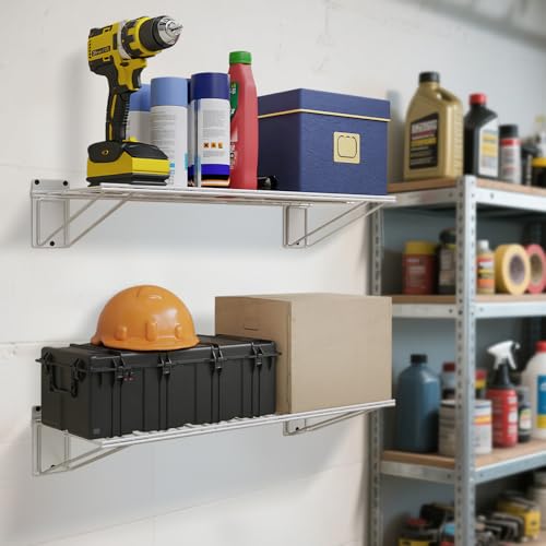 BELLO YON Wall Shelf 24'' x 11'' Garage Wall Mounted Storage Shelves, Heavy Duty Metal Wire Shelving Storage Rack for Garage, Office, Basement and Kithcen, Max Load 90lb, 2-Pack (White) - Image 2
