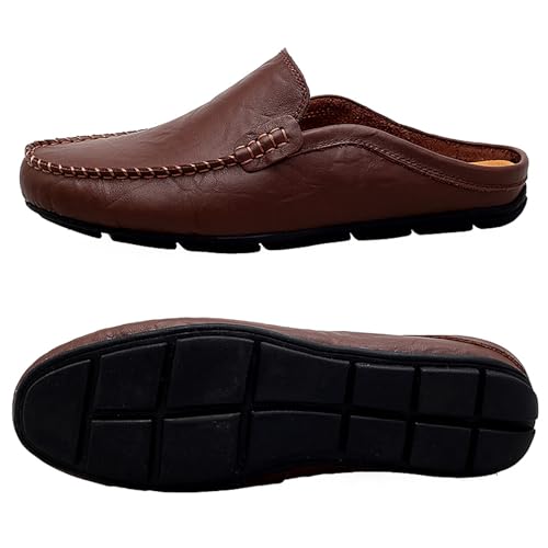 Go Tour Mens Mules Clog Slippers Breathable Leather Slip on Shoes Casual Loafers Dark Brown 9/43 - Image 4