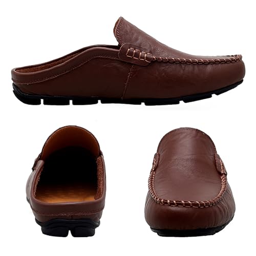 Go Tour Mens Mules Clog Slippers Breathable Leather Slip on Shoes Casual Loafers Dark Brown 9/43 - Image 5