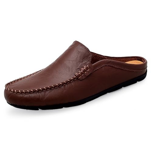 Go Tour Mens Mules Clog Slippers Breathable Leather Slip on Shoes Casual Loafers Dark Brown 9/43 - Image 1