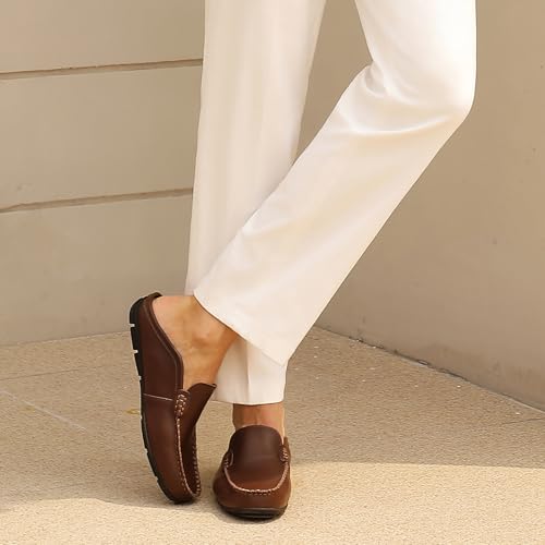 Go Tour Mens Mules Clog Slippers Breathable Leather Slip on Shoes Casual Loafers Dark Brown 9/43 - Image 3