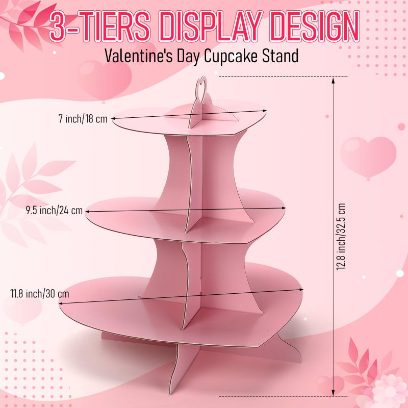 Willinglong 2 Pcs Heart Cupcake Stand 3 Tier Valentine Pink Dessert Display Cardboard Cupcake Stand Cake Tower Holder Decoration for Birthday Weddings Baby Shower Party Supplie - Image 1