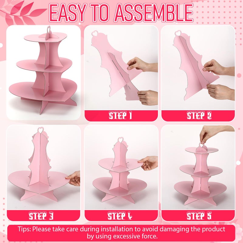 Willinglong 2 Pcs Heart Cupcake Stand 3 Tier Valentine Pink Dessert Display Cardboard Cupcake Stand Cake Tower Holder Decoration for Birthday Weddings Baby Shower Party Supplie - Image 5