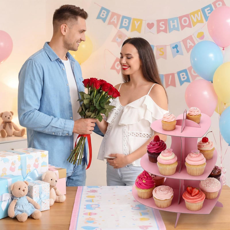 Willinglong 2 Pcs Heart Cupcake Stand 3 Tier Valentine Pink Dessert Display Cardboard Cupcake Stand Cake Tower Holder Decoration for Birthday Weddings Baby Shower Party Supplie - Image 4