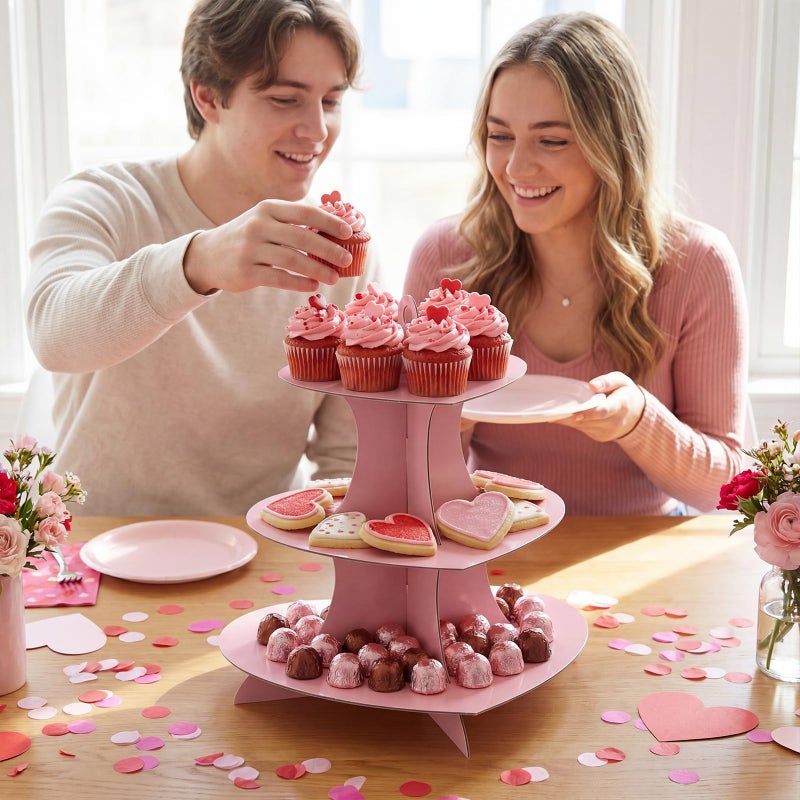 Willinglong 2 Pcs Heart Cupcake Stand 3 Tier Valentine Pink Dessert Display Cardboard Cupcake Stand Cake Tower Holder Decoration for Birthday Weddings Baby Shower Party Supplie - Image 2