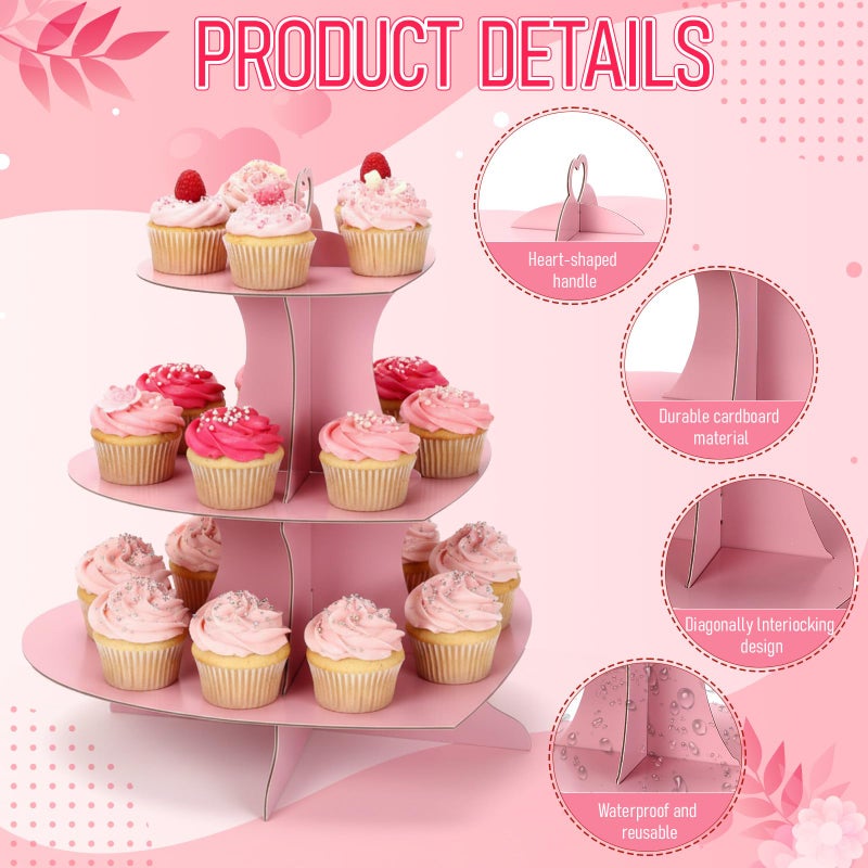 Willinglong 2 Pcs Heart Cupcake Stand 3 Tier Valentine Pink Dessert Display Cardboard Cupcake Stand Cake Tower Holder Decoration for Birthday Weddings Baby Shower Party Supplie - Image 3
