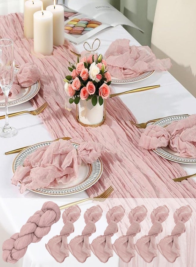 CORALTREE 7pcs Christmas Cheesecloth Table Runner Set, 1 pcs Table Runners Set (120") & 6 Cheesecloth Napkins (19.6"x19.6") for Wedding Bridal Baby Shower Party (Dusty Pink) - Image 1