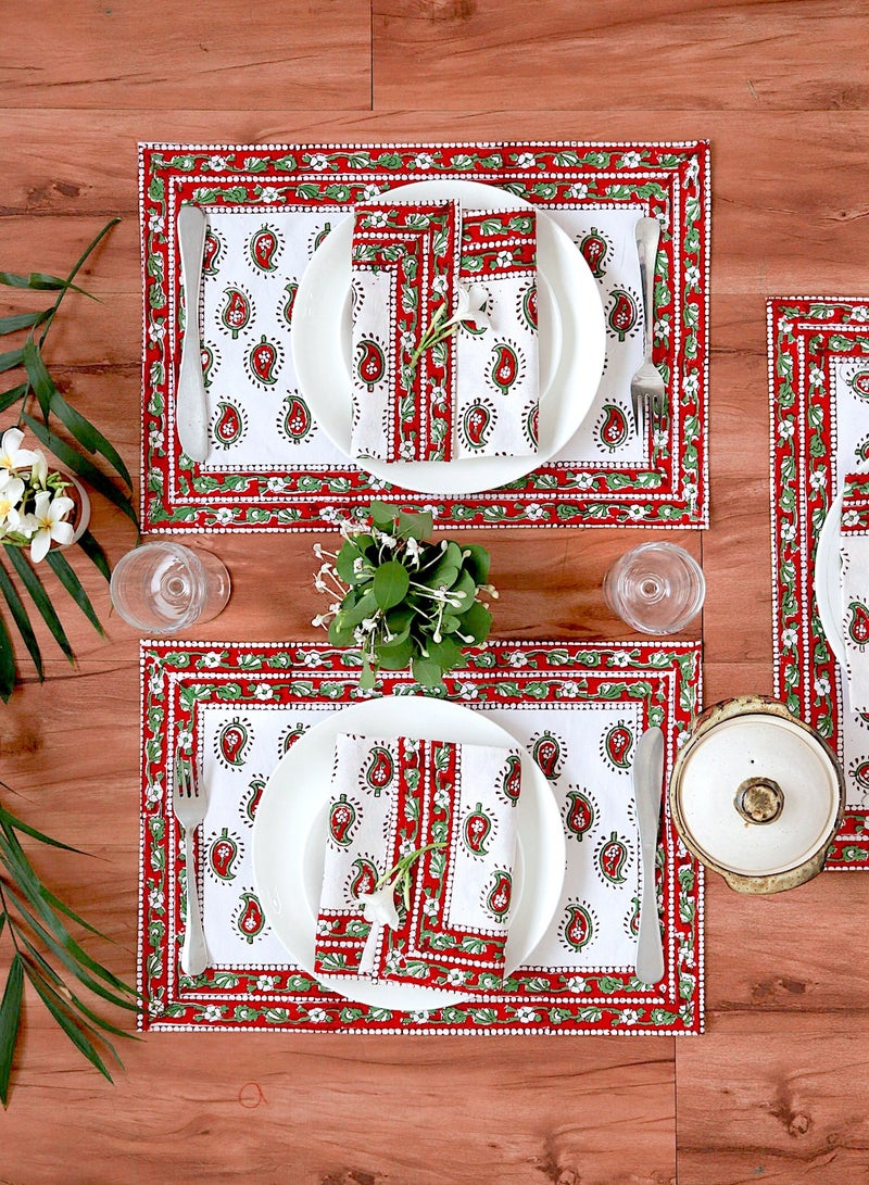 OJARIYA 12 Piece Paisley Print Red Hand Block Printed 100 Percent Canvas Cotton Table Placemats & Soft Cotton Napkin Set - Image 3