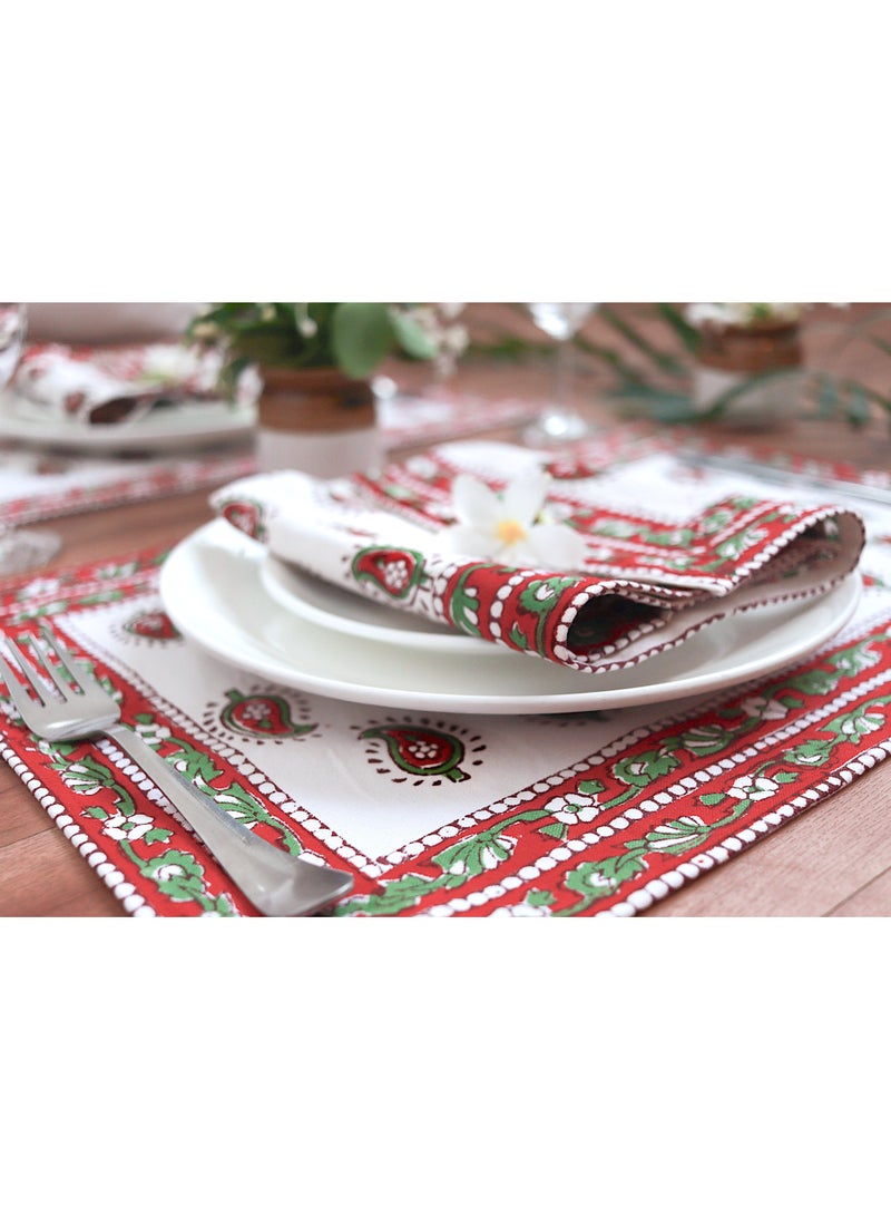 OJARIYA 12 Piece Paisley Print Red Hand Block Printed 100 Percent Canvas Cotton Table Placemats & Soft Cotton Napkin Set - Image 4