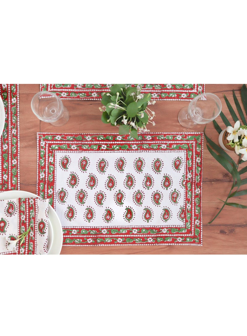 OJARIYA 12 Piece Paisley Print Red Hand Block Printed 100 Percent Canvas Cotton Table Placemats & Soft Cotton Napkin Set - Image 1