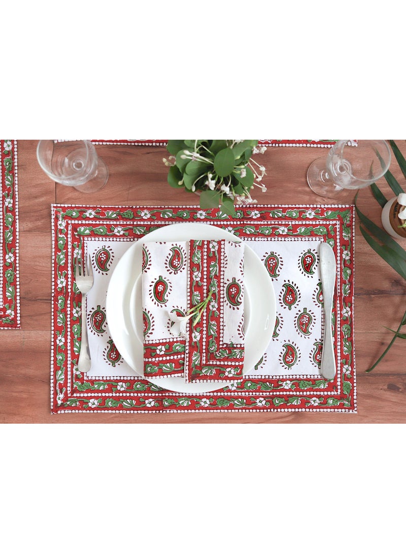 OJARIYA 12 Piece Paisley Print Red Hand Block Printed 100 Percent Canvas Cotton Table Placemats & Soft Cotton Napkin Set - Image 2