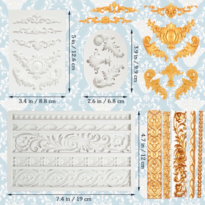 Grosun 3 Packs Baroque Silicone Molds Scroll Silicone Baroque Mold Clay Molds Fondant Molds Border Fondant Mold Wedding Birthday Cake Decoration - Image 2