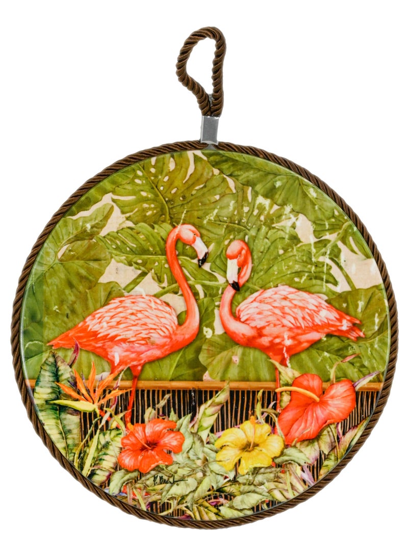 Trivet With Flamingo Design  Flamingo Design Table Trivet  Bird And Garden Flower Design  Attractive Trivet With Hanging Loop Holder  Multicolor - Image 1
