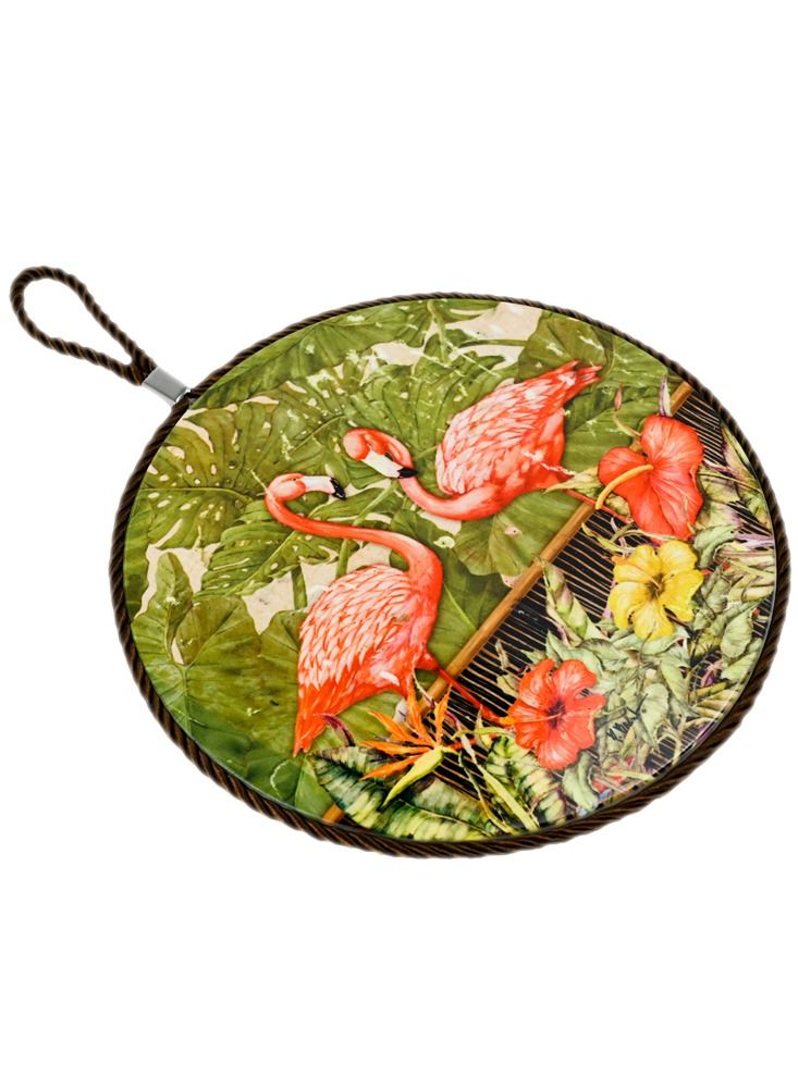 Trivet With Flamingo Design  Flamingo Design Table Trivet  Bird And Garden Flower Design  Attractive Trivet With Hanging Loop Holder  Multicolor - Image 2