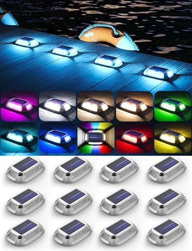 VIODAIM 12Pack Aluminum Alloy Solar Driveway Lights, IP68 Solar Deck Light Marine Dock Lights Outdoor Waterproof, Multi-color LED Driveway Markers for Walkway, Path Decor [12Modes - Strobe/RGB/Fix-color] - Image 1