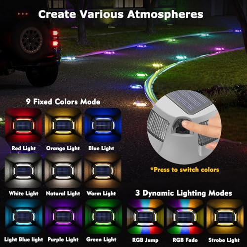 VIODAIM 12Pack Aluminum Alloy Solar Driveway Lights, IP68 Solar Deck Light Marine Dock Lights Outdoor Waterproof, Multi-color LED Driveway Markers for Walkway, Path Decor [12Modes - Strobe/RGB/Fix-color] - Image 2