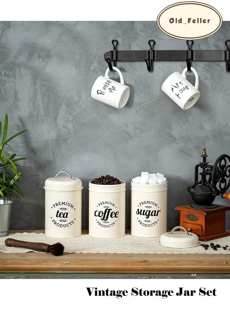 Old_Feller 3-Piece Vintage Storage Can Set, Airtight Kitchen Containers Decorations with Lids, Coffee, Tea, Sugar Metal Containers Jars, Decorative Kitchen Food Canister Jars White - Image 1