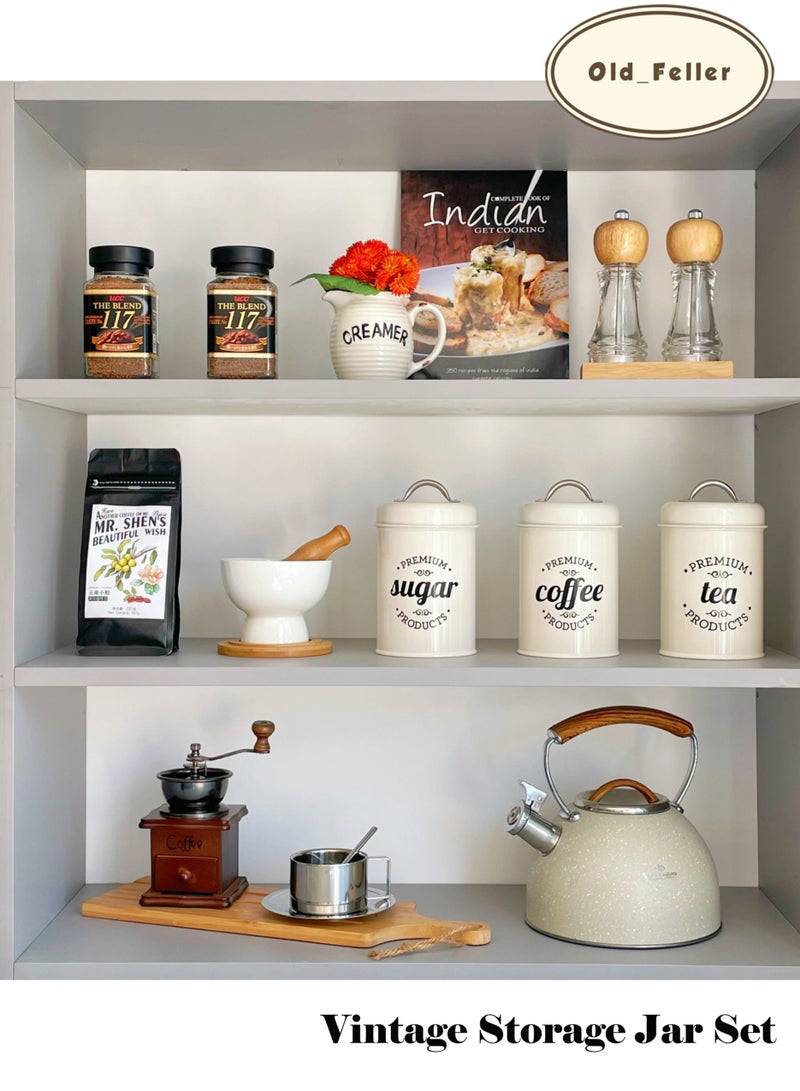 Old_Feller 3-Piece Vintage Storage Can Set, Airtight Kitchen Containers Decorations with Lids, Coffee, Tea, Sugar Metal Containers Jars, Decorative Kitchen Food Canister Jars White - Image 2