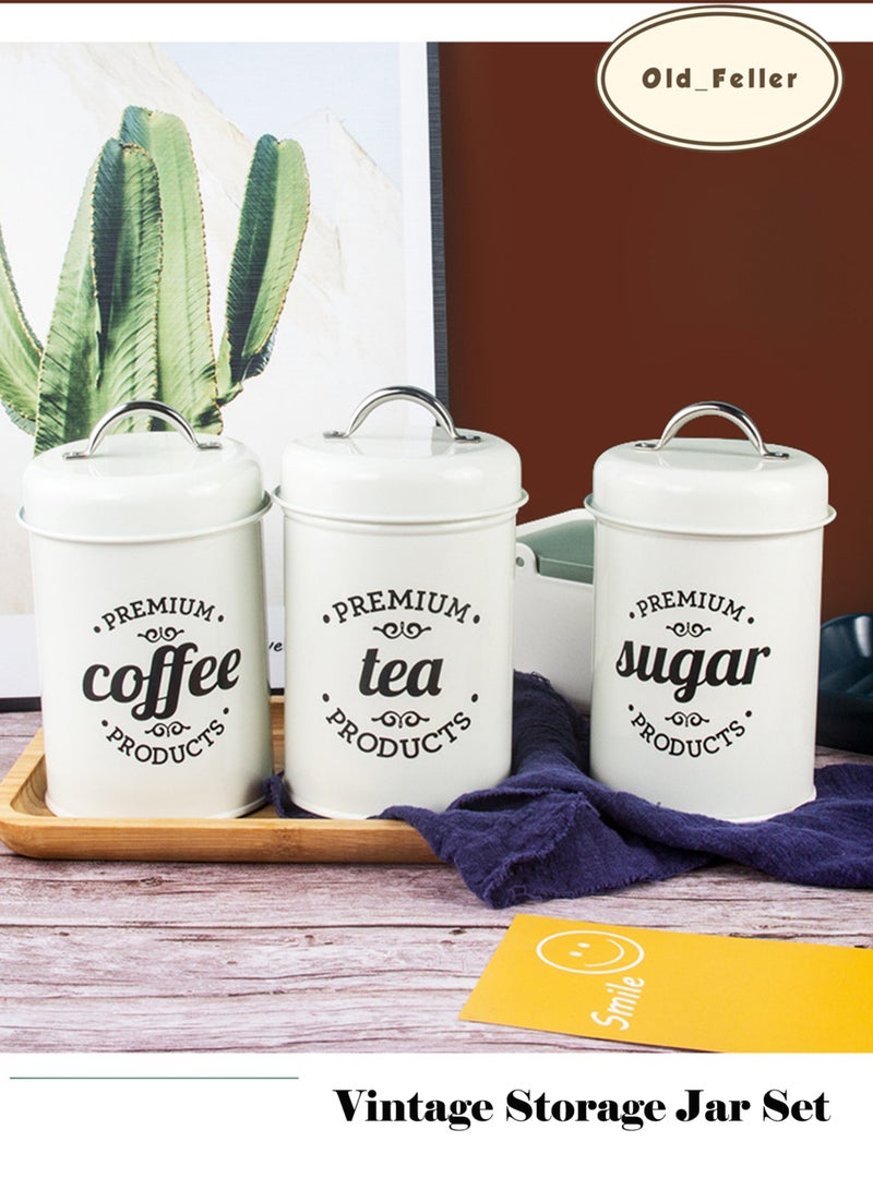 Old_Feller 3-Piece Vintage Storage Can Set, Airtight Kitchen Containers Decorations with Lids, Coffee, Tea, Sugar Metal Containers Jars, Decorative Kitchen Food Canister Jars White - Image 4