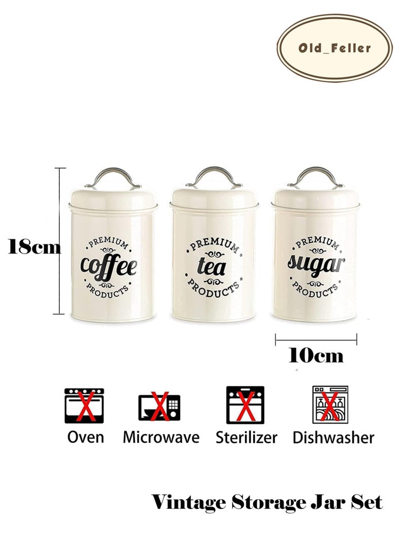 Old_Feller 3-Piece Vintage Storage Can Set, Airtight Kitchen Containers Decorations with Lids, Coffee, Tea, Sugar Metal Containers Jars, Decorative Kitchen Food Canister Jars White - Image 3