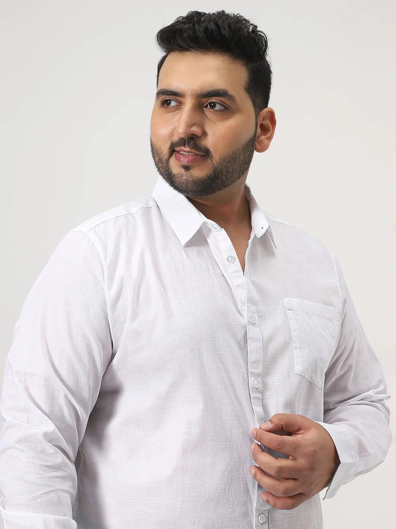 Urbano Fashion  Urbano Plus Men's White Cotton Full Sleeve Regular Fit Casual Solid Slub Shirt with Spread Collar  | Best Price UAE