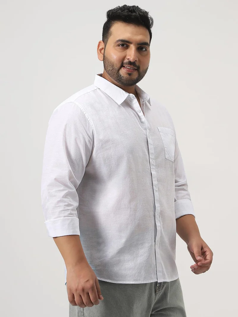 Urbano Plus Men's White Cotton Full Sleeve Regular Fit Casual Solid Slub Shirt with Spread Collar
