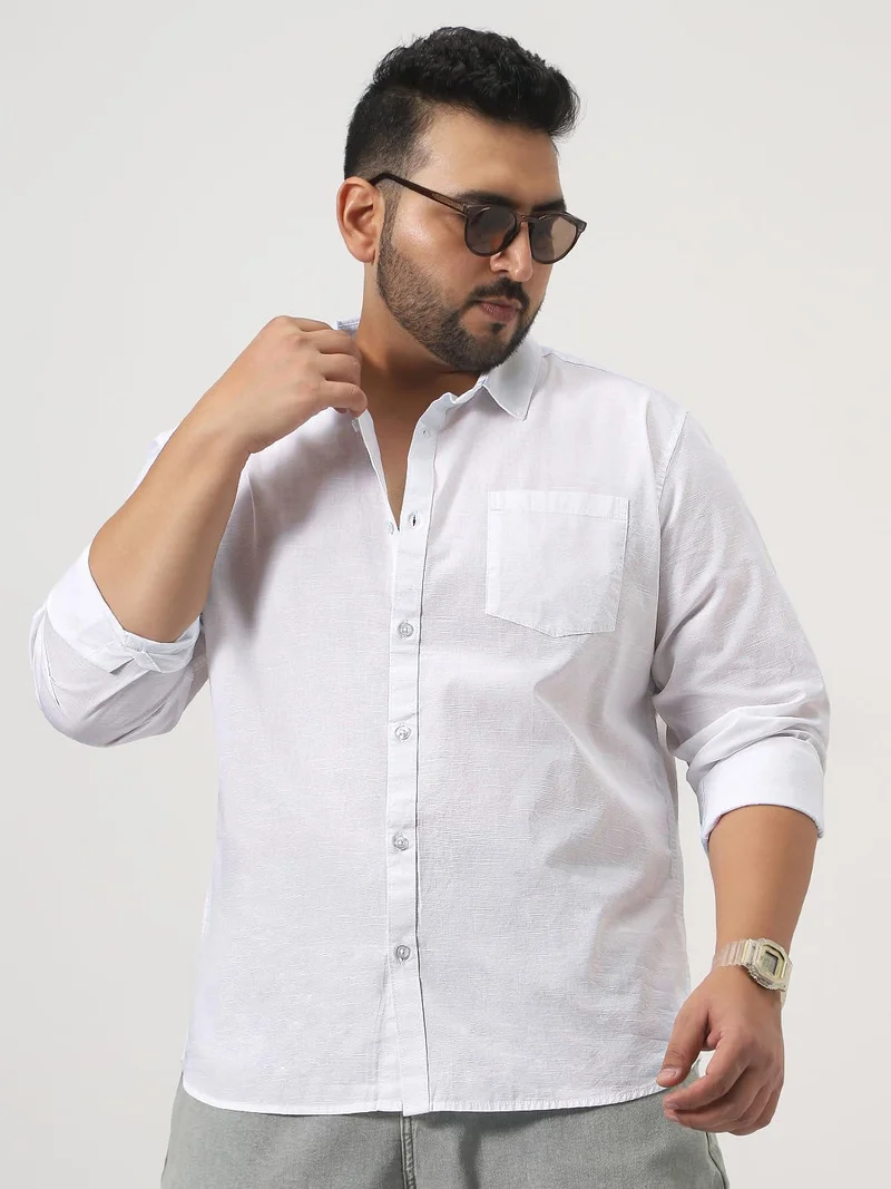 Urbano Fashion  Urbano Plus Men's White Cotton Full Sleeve Regular Fit Casual Solid Slub Shirt with Spread Collar  | Best Price UAE