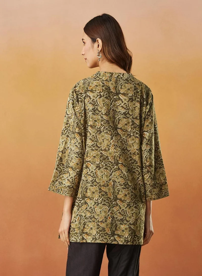 Fabindia Green Cotton Kalamkari Printed Short Kurta