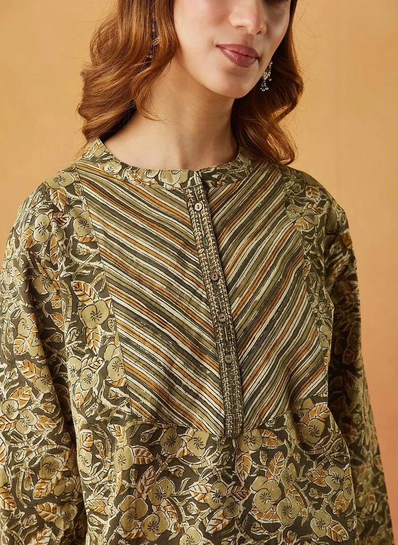 Fabindia Green Cotton Kalamkari Printed Short Kurta