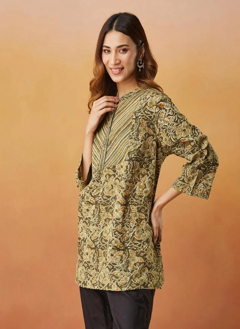 Fabindia Green Cotton Kalamkari Printed Short Kurta