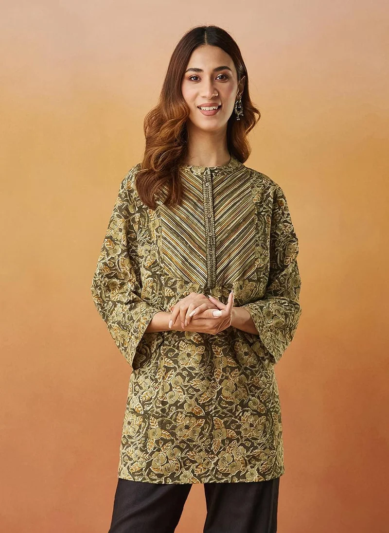 Fabindia Green Cotton Kalamkari Printed Short Kurta