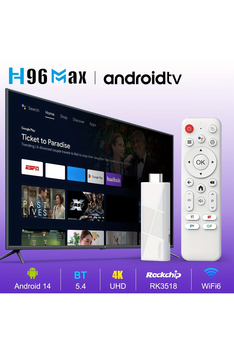 اتش 96 ماكس Android 14.0 TV Stick ATV، 2 جيجابايت + 16 جيجابايت RK3518 جهاز تلفزيون ذكي صغير مشغل وسائط متدفق مع WiFi6 رباعي النواة و2.4G/5G و5.4 لاسلكي، بث 4K@60fps، إخراج HDTV، مشغل منزلي ذكي بالتحكم الصوتي - Image 1