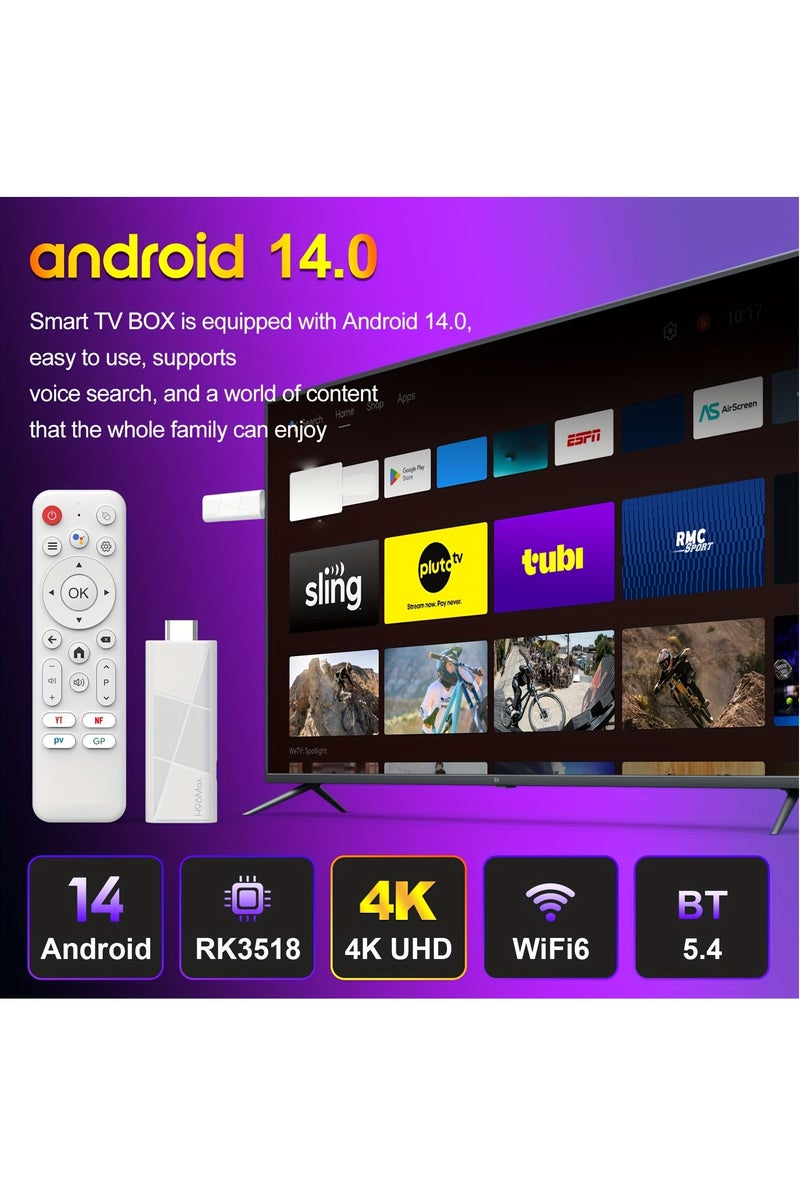 اتش 96 ماكس Android 14.0 TV Stick ATV، 2 جيجابايت + 16 جيجابايت RK3518 جهاز تلفزيون ذكي صغير مشغل وسائط متدفق مع WiFi6 رباعي النواة و2.4G/5G و5.4 لاسلكي، بث 4K@60fps، إخراج HDTV، مشغل منزلي ذكي بالتحكم الصوتي - Image 4