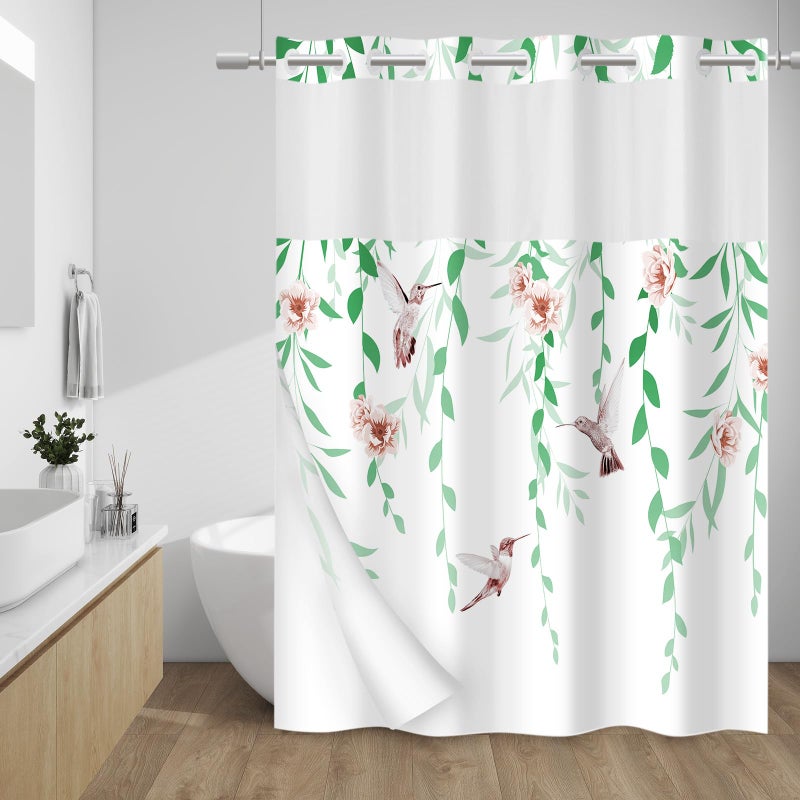 WITHLOC No Hook Shower Curtain with Snap in Liner - Fabric Waterproof Inner Liner, Plants Green Floral Pink Nature Birds Cloth Shower Curtains Washable, 71 x 74 Inch - Image 1
