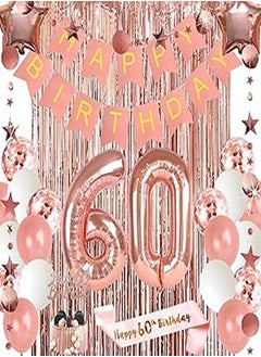 60th Birthday Decorations for Women, Happy Birthday Banner, Cake Topper Rose Gold Curtain Happy 60th Birthday Sash Number 60 Foil Balloon for 60th Anniversary Decorations Birthday Party Backdrop