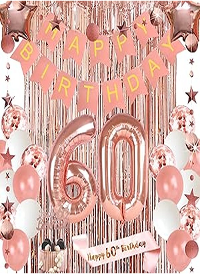 Generic - 60th Birthday Decorations for Women, Happy Birthday Banner, Cake Topper Rose Gold Curtain Happy 60th Birthday Sash Number 60 Foil Balloon for 60th Anniversary Decorations Birthday Party Backdrop - Image 1