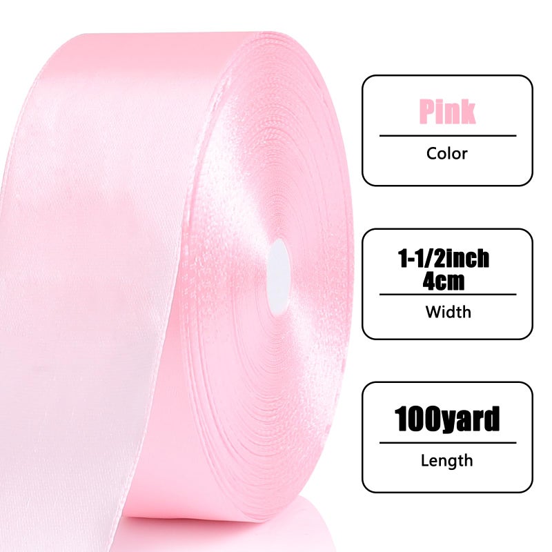 NESCCI 100 Yards Ribbon,1-1/2 Inch Pink Satin Ribbon,Single Face Satin Ribbons,Perfect for Gift Wrapping,Wedding Decoration,Handmade Bows, Wrapping Bouquet and More - Image 2