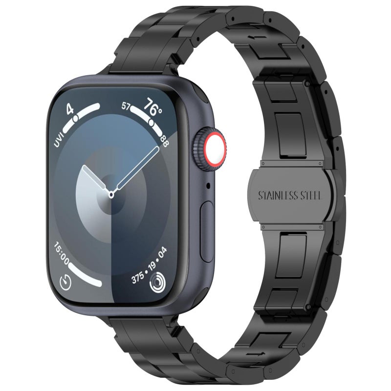 For Apple Watch 46mm / 49mm / 45mm / 44mm Slim Waist Three-bead Butterfly Buckle Titanium Alloy Watch Band(Black)