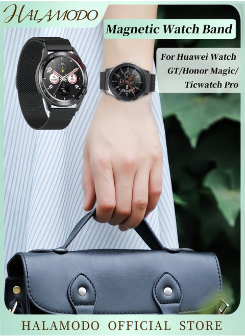 Stainless Steel Replacement Band Compatible with Huawei Watch GT / Honor Magic / Ticwatch Pro Magnetic Mesh Strap Quick Release Replacement Sports Straps for Men & Women