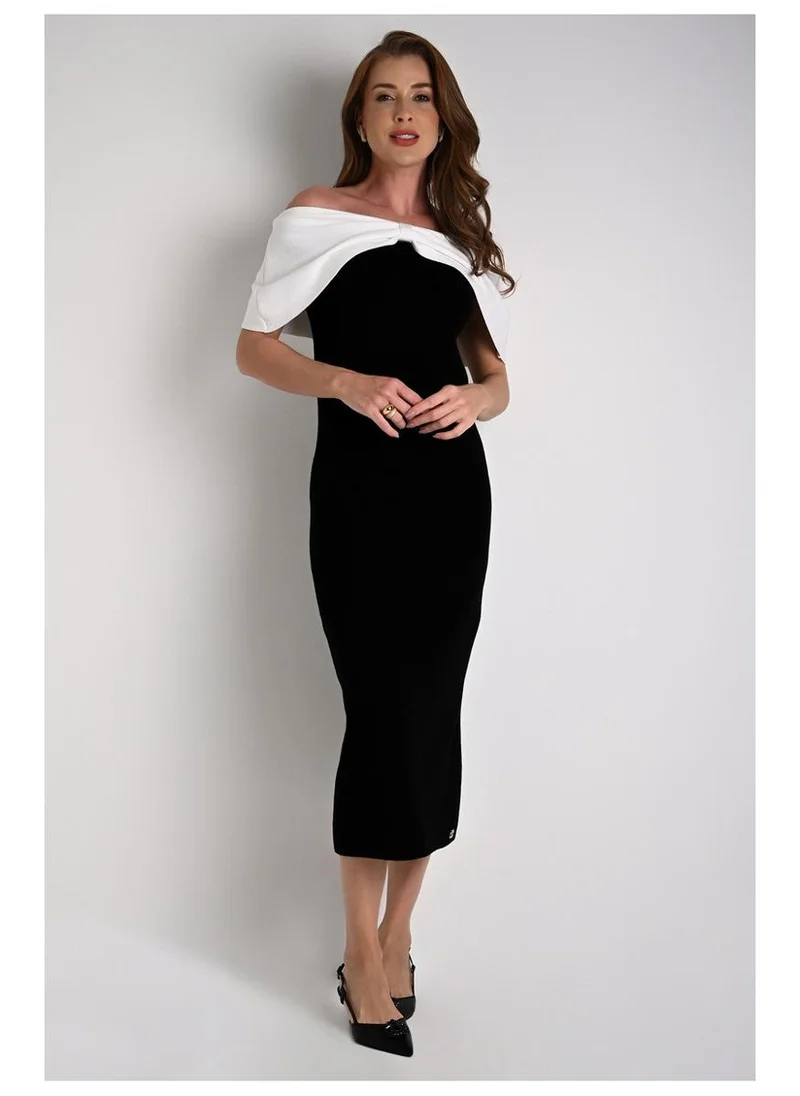 Midi Off-Shoulder Black and White Dress