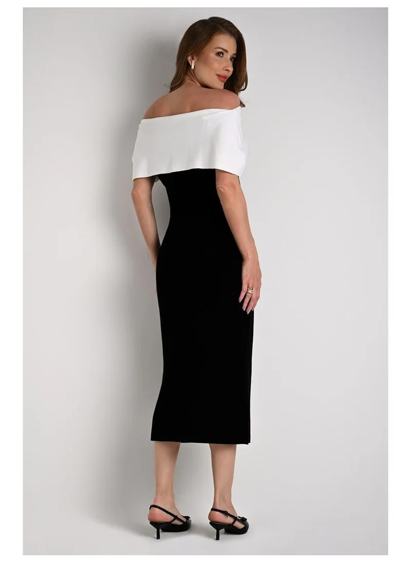 Carmen Steffens  Midi Off-Shoulder Black and White Dress for Women | Best Price UAE