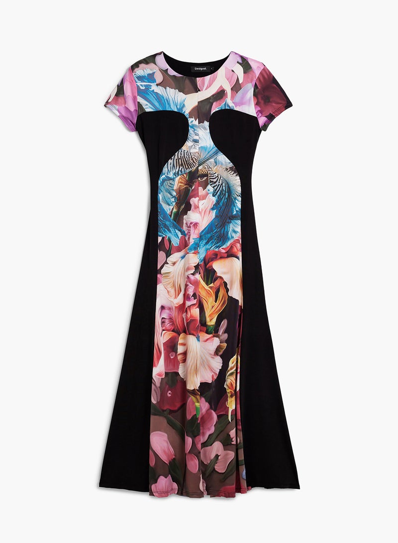 DESIGUAL Knit Dress With Solid Color Panels And Multicolored Floral Print On The Front And Sides - Image 5