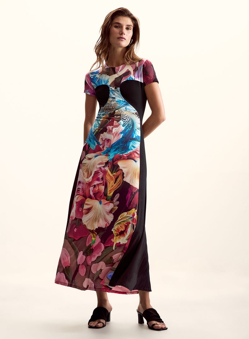 DESIGUAL Knit Dress With Solid Color Panels And Multicolored Floral Print On The Front And Sides - Image 1