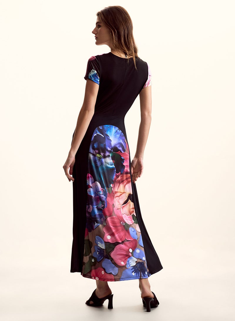 DESIGUAL Knit Dress With Solid Color Panels And Multicolored Floral Print On The Front And Sides - Image 4