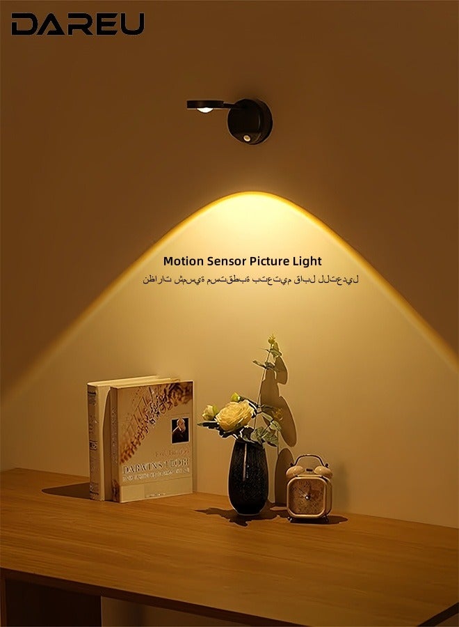DAREU Motion Sensor Picture Light – Battery Operated LED Spotlight with Adjustable 360° Head, Rechargeable Cat-Eye Bulb Wall Sconce, Stick-On or Screw-Mounted Accent Lighting for Paintings & Displays - Image 1