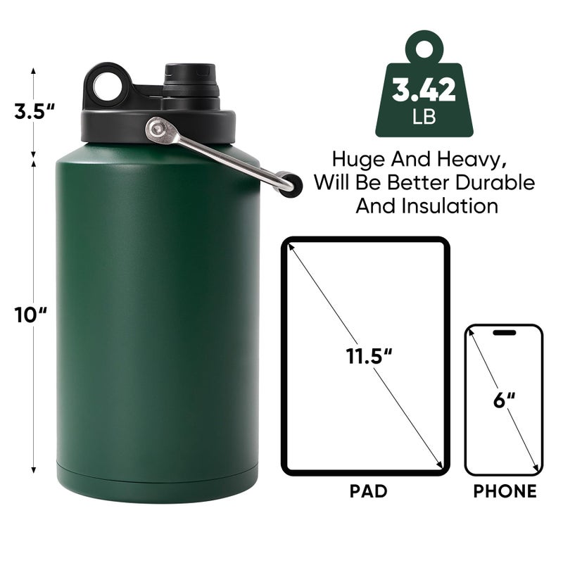 Kerilyn Insulated Gallon Jug with Handle, One Gallon, 128 Ounces Stainless Steel, Large Double Vacuum Water Bottle for Hot & Cold Drinks, Wide Mouth, Sweat Proof, Great for Travel, Camping, Green - Image 2