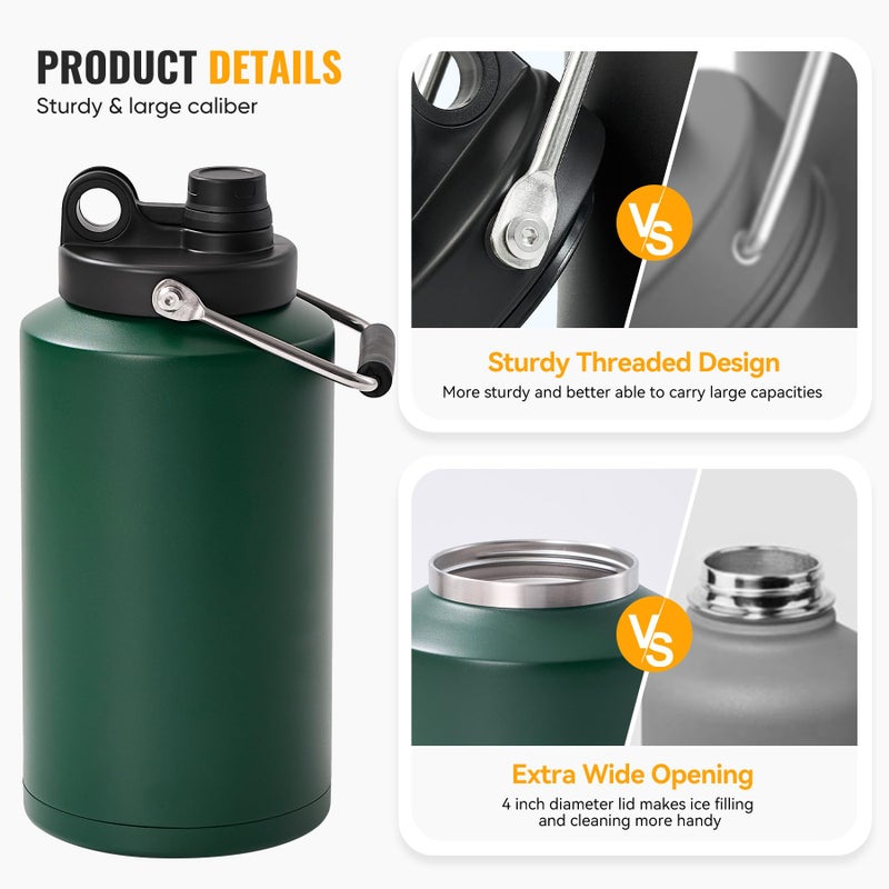 Kerilyn Insulated Gallon Jug with Handle, One Gallon, 128 Ounces Stainless Steel, Large Double Vacuum Water Bottle for Hot & Cold Drinks, Wide Mouth, Sweat Proof, Great for Travel, Camping, Green - Image 3