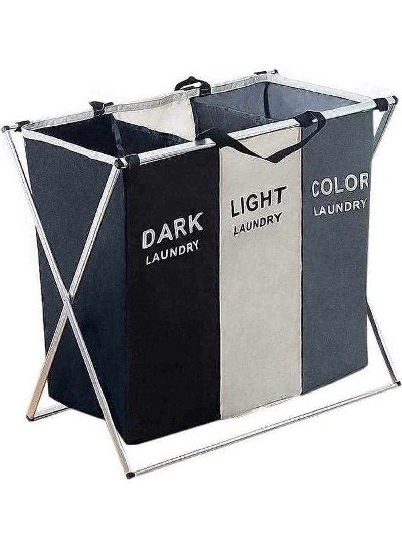 3 Section Laundry Basket Printed Dark Light Color Foldable Hamper Sorter with Waterproof Oxford Bags and Aluminum Frame - Image 1
