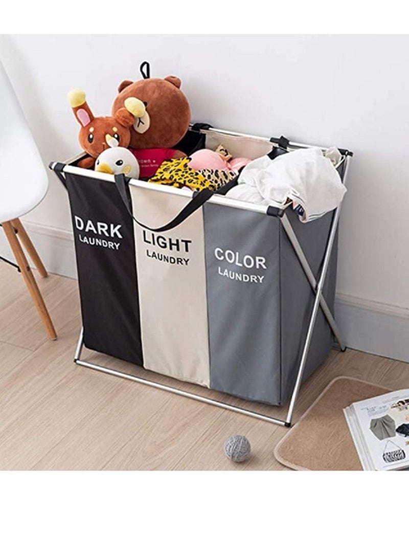 3 Section Laundry Basket Printed Dark Light Color Foldable Hamper Sorter with Waterproof Oxford Bags and Aluminum Frame - Image 5
